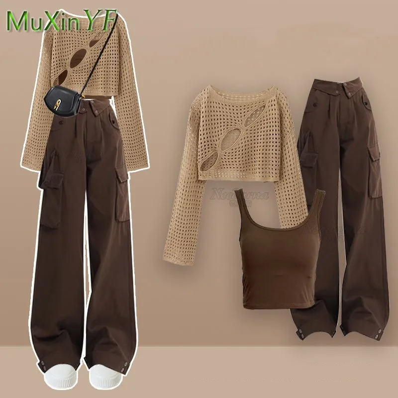 

Women's 2025 Summer Autumn New Vintage Hollow Top+Vest+Vinatge Cargo Pants 3-Piece Suit Korean Elegant Trousers Matching Set