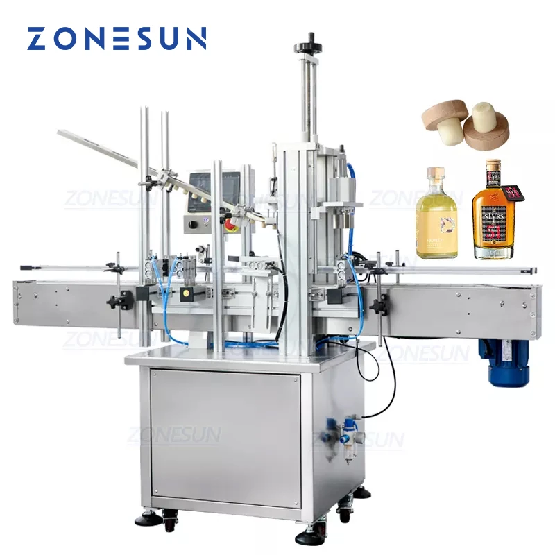 ZONESUN التلقائي ويسكي الفودكا النبيذ الزجاجة الخشبية الفلين الضغط السد آلة الختم مع غطاء المغذية