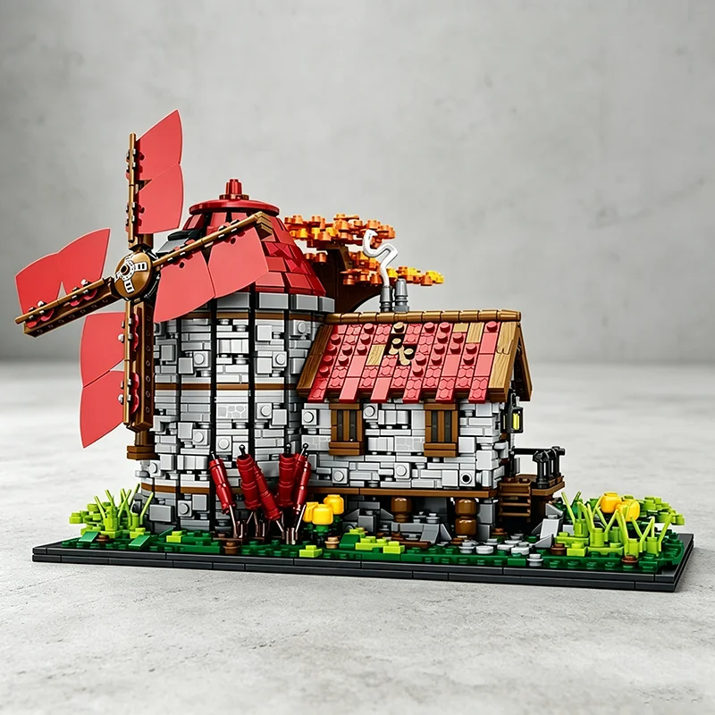 

2296PCS Windmill Tree House Mill Street View Building Blocks Medieval European Town Assembly Model Bricks Desktop Decor Diy Gift