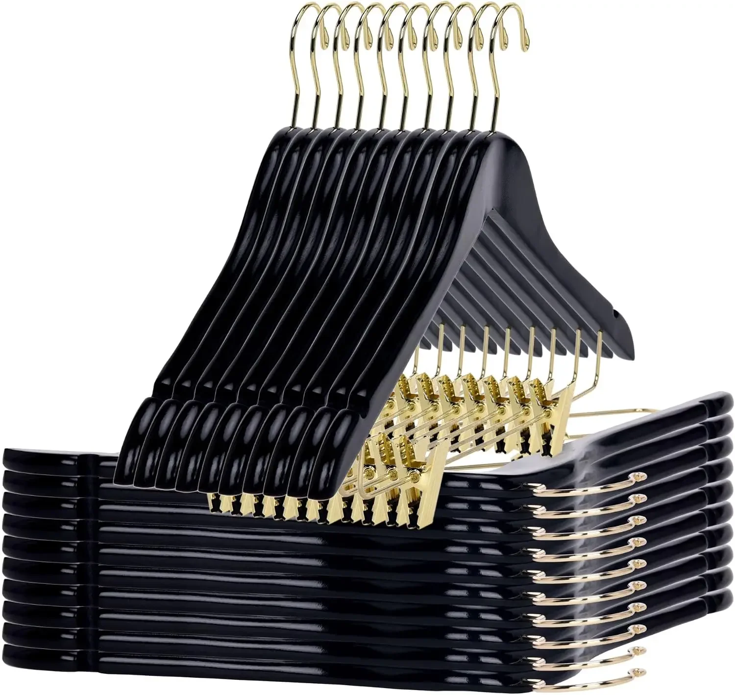 Quality Wooden Skirt Hangers with Clips 80-Pack Black Pants Adjustable Gold Metal Clips, Swivel Hook, Coat, Jacket, Blouse Suit