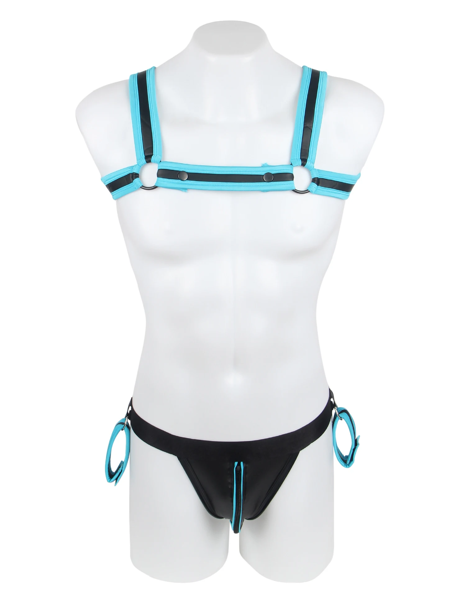 

Blue Men Bondage Sexy Adult PU Faux Leather Harness Crotch Zipper Erotic Lingerie Set Good Quality High End Bdsm Men's Underwear