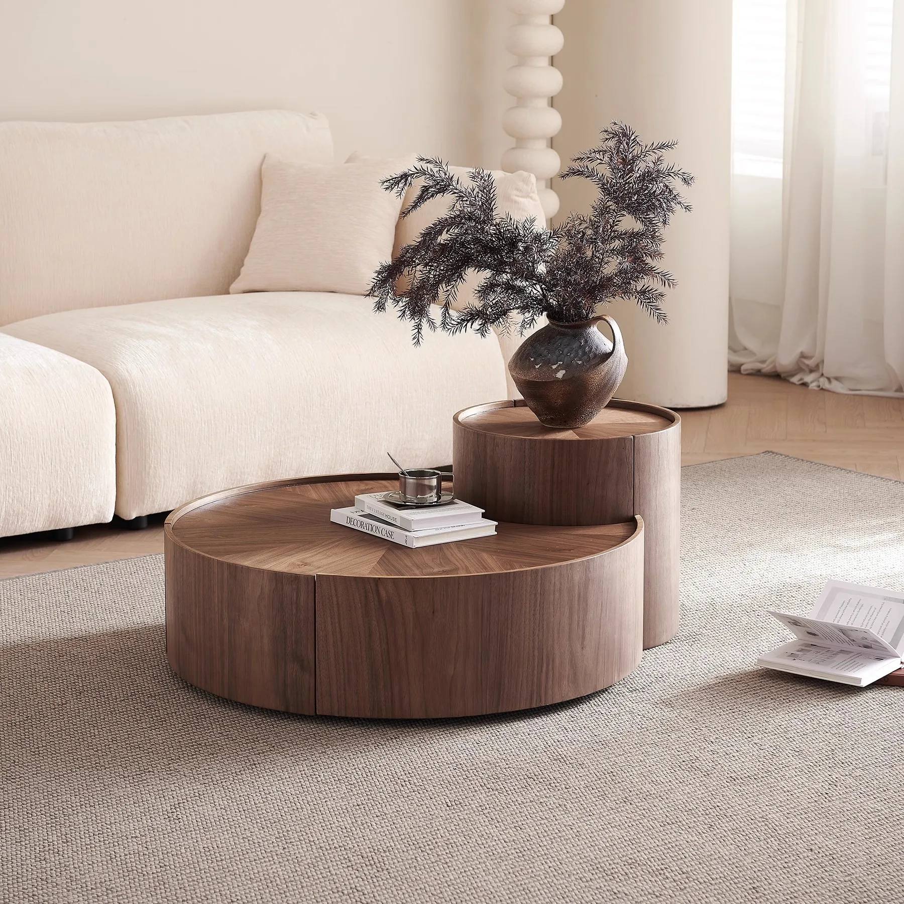 

French light luxury round walnut solid wood coffee table