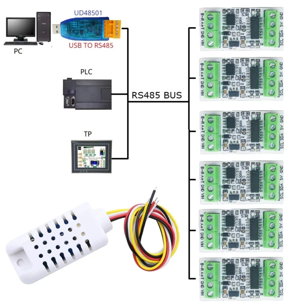 Industrial Temperature & Humidity SHT30 Sensor Adapter Board RS485 TTL Modbus Rtu Analog Remote IO SHA9D01 Module HMI PLC Expand