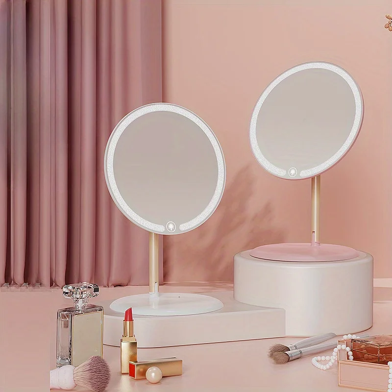 Portable desktop LED makeup mirror, infinite tone 3 color temperature, 90 degrees rotation, button button light-perfect travel