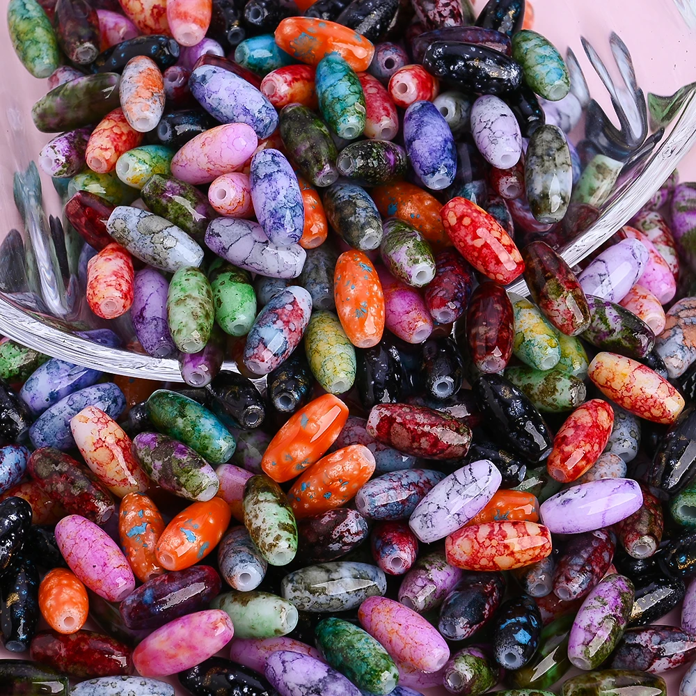 50Pcs 5×10mm Mixed Color Floral Grain Glass Rice Beads, Vintage Marbled Oval Spacer Beads For DIY Bracelet Necklace Jewelry Maki