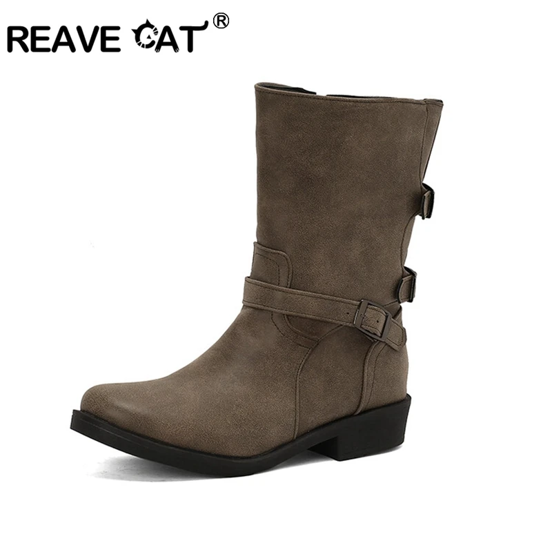 

REAVE CAT Женские сапоги до середины икры на каблуке 3 см с круглым носком, осень, черный, хаки, желтый, большой размер 44 45 46 47 48 US17