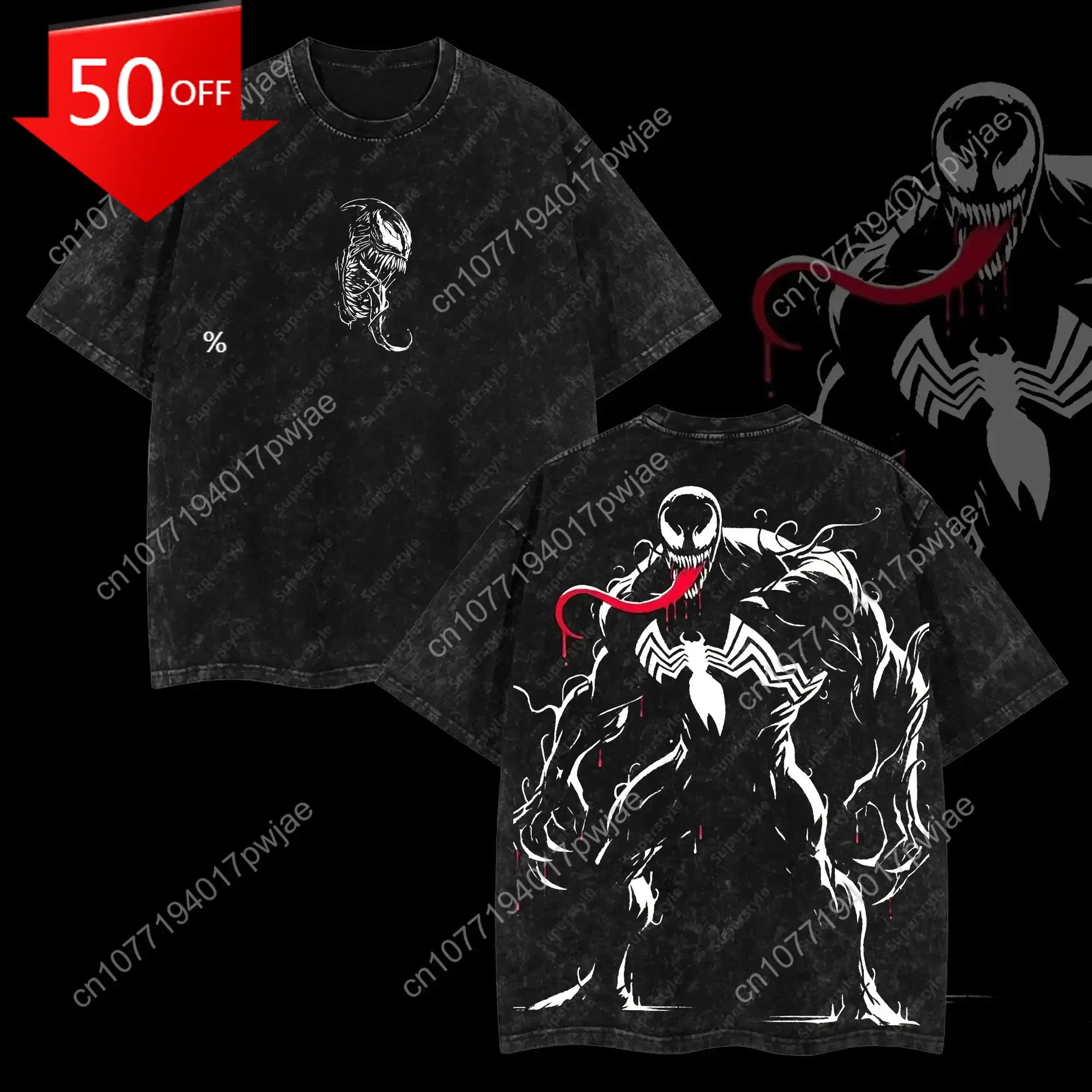 

Marvel Superstyle Black Suit Spidey Symbiote Warrior MCU Comic Double Printed Oversize Lightweight Acid Washed Tee