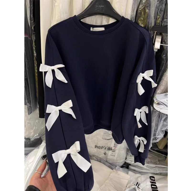 Spring Autumn Loose Bow Patchwork Hoodies Sweatshirts Long Sleeve O-neck Street Casual Tops Fashion High Street Women Clothing