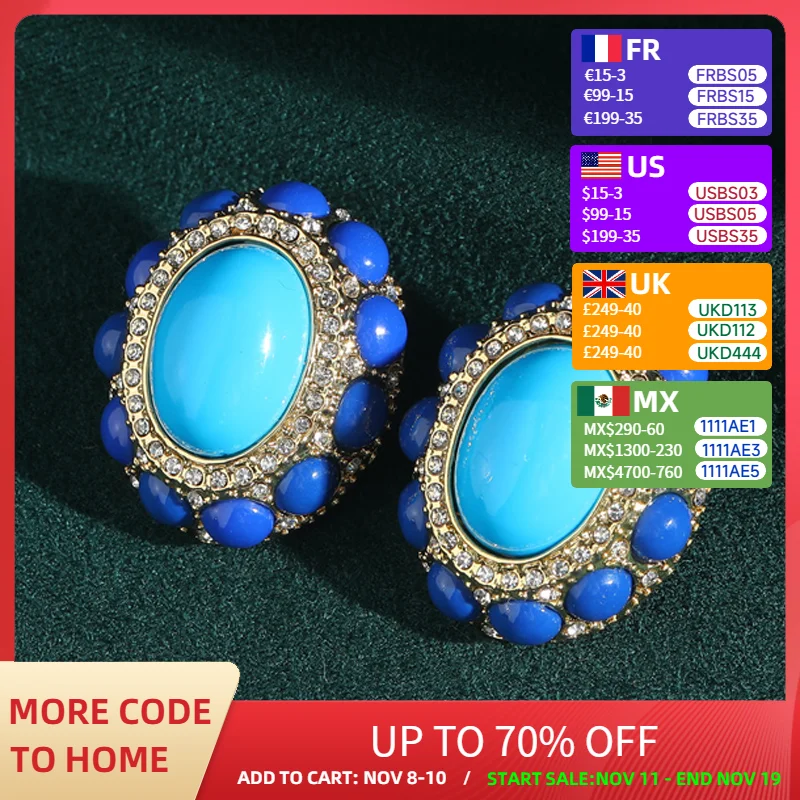 

Vintage Blue Natural Stone Oval Stud Earrings Gold Plated Crystal Ancient Woman Luxury Dubai Quality Designer Jewelry 2025 New