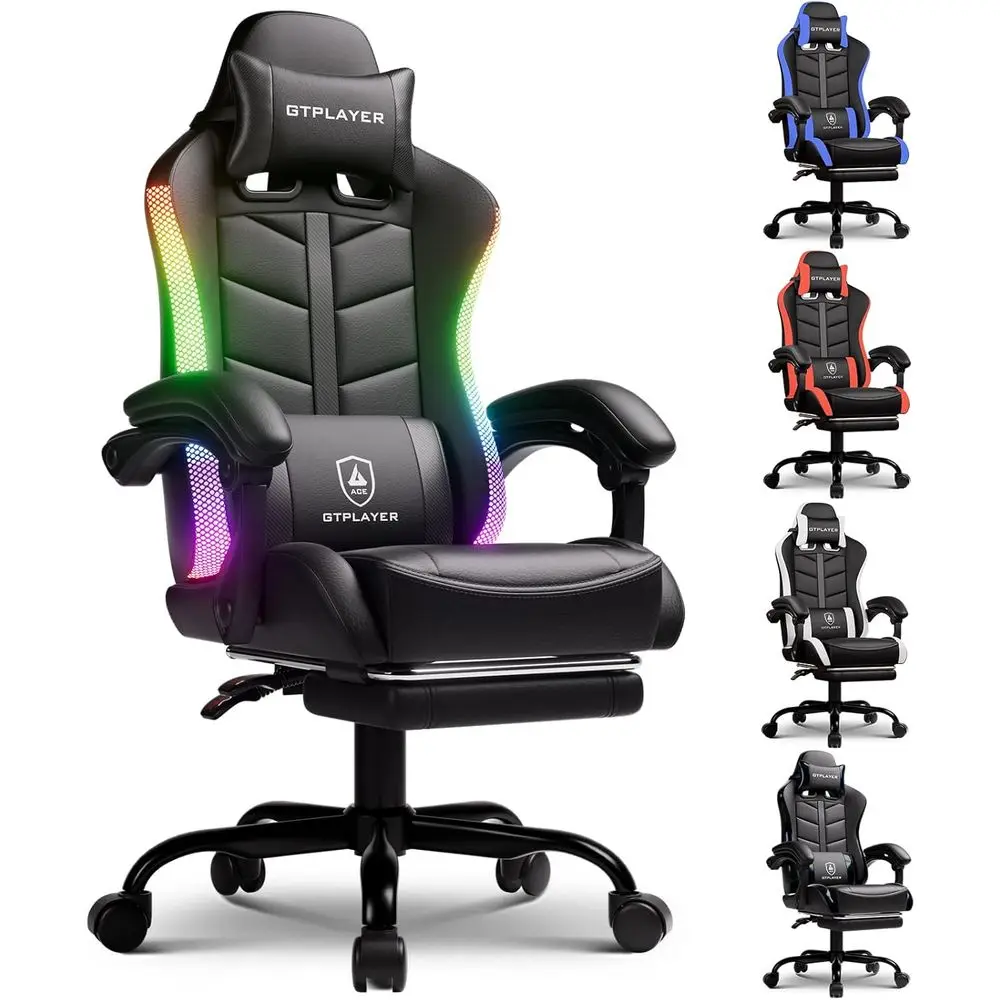 

Игровое кресло RGB с подставкой для ног, компьютерное игровое кресло со светодиодной подсветкой для взрослых, регулируемое по высоте кресло для ПК-геймеров (90-155 см) ° Re
