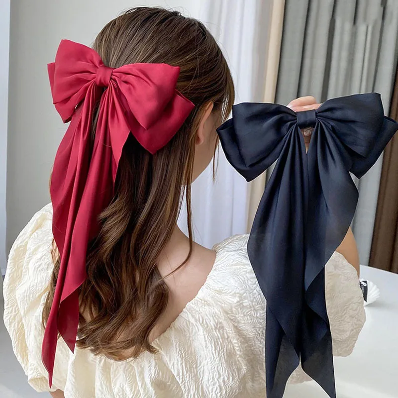 Fashion Bow Ribbon Hair Clip for Women  Elegant Solid Satin Hairpin Retro Bow Spring Clip Girls Headband Hair Accessories