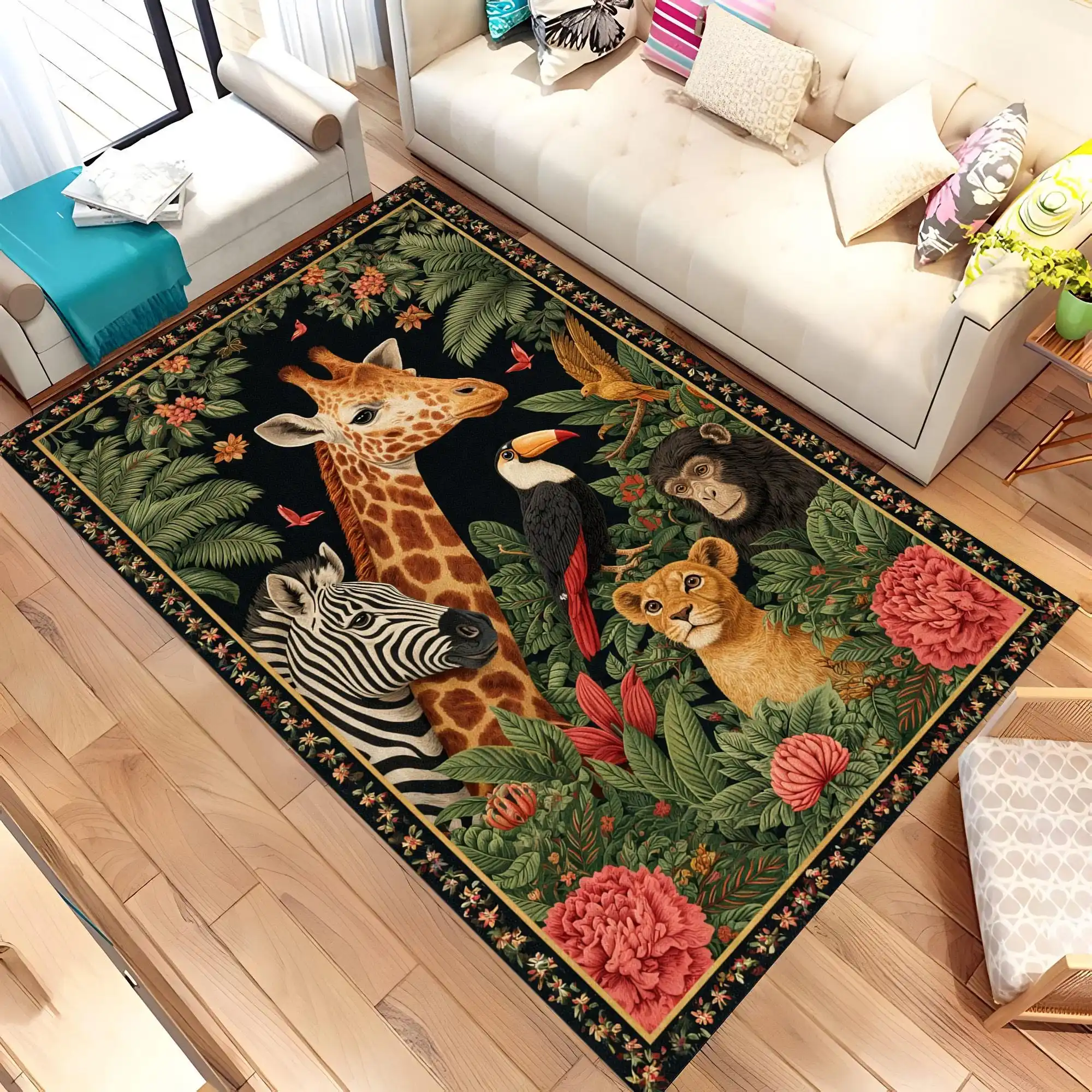 Tropical Rainforest Giraffe Zebra Lion Wild Animal graphics Rug,Sofa Living Room Café,Non Slip Rug,Gift