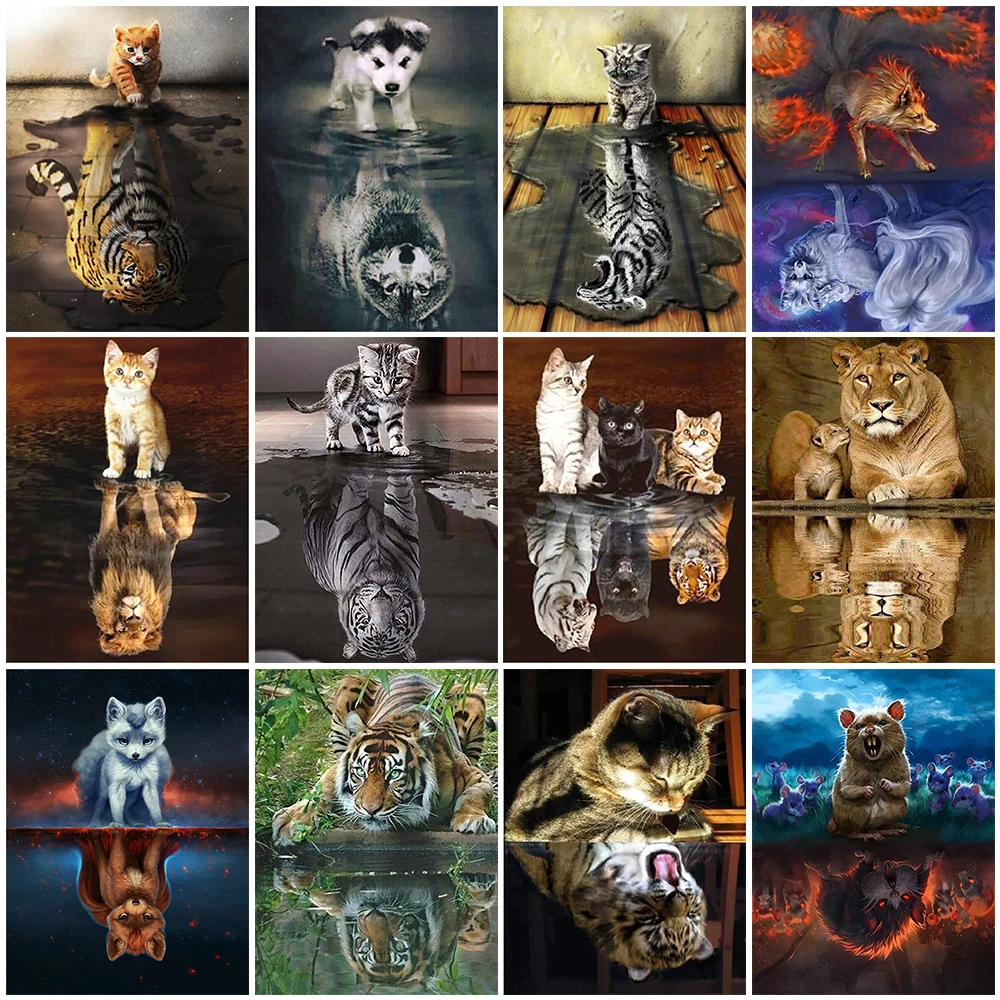 

Diamond Painting Tiger Cat Dog Full Square Diamond Embroidery Animals Reflection Map Pictures Of Rhinestones Mosaic Home Decor