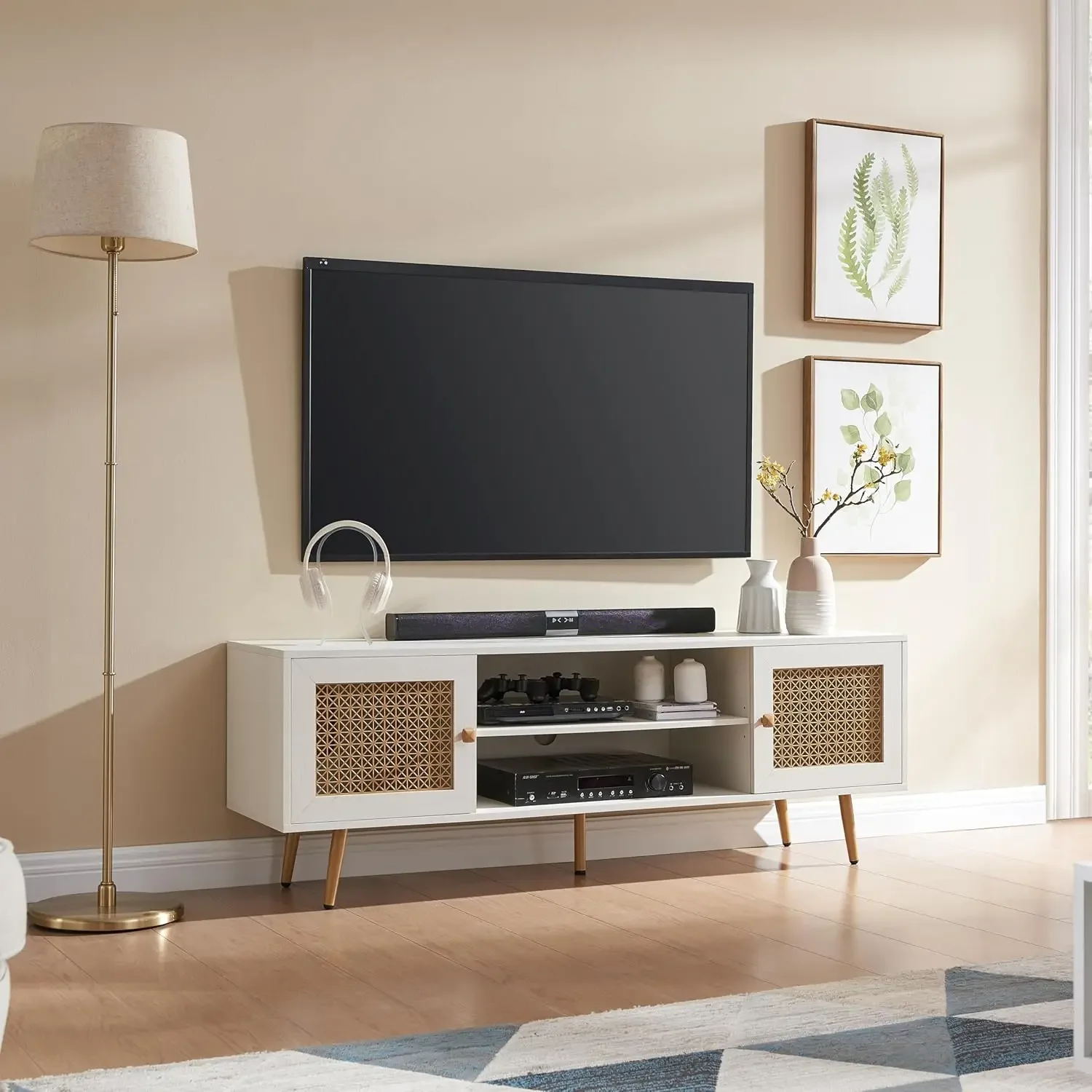 [أفضل بائع، اشترِ الآن! ] حامل تلفزيون أبيض حديث لمنتصف القرن مقاس 65 بوصة مع زخرفة معدنية وخزانة تلفزيون للتخزين الخشبي ورف مفتوح