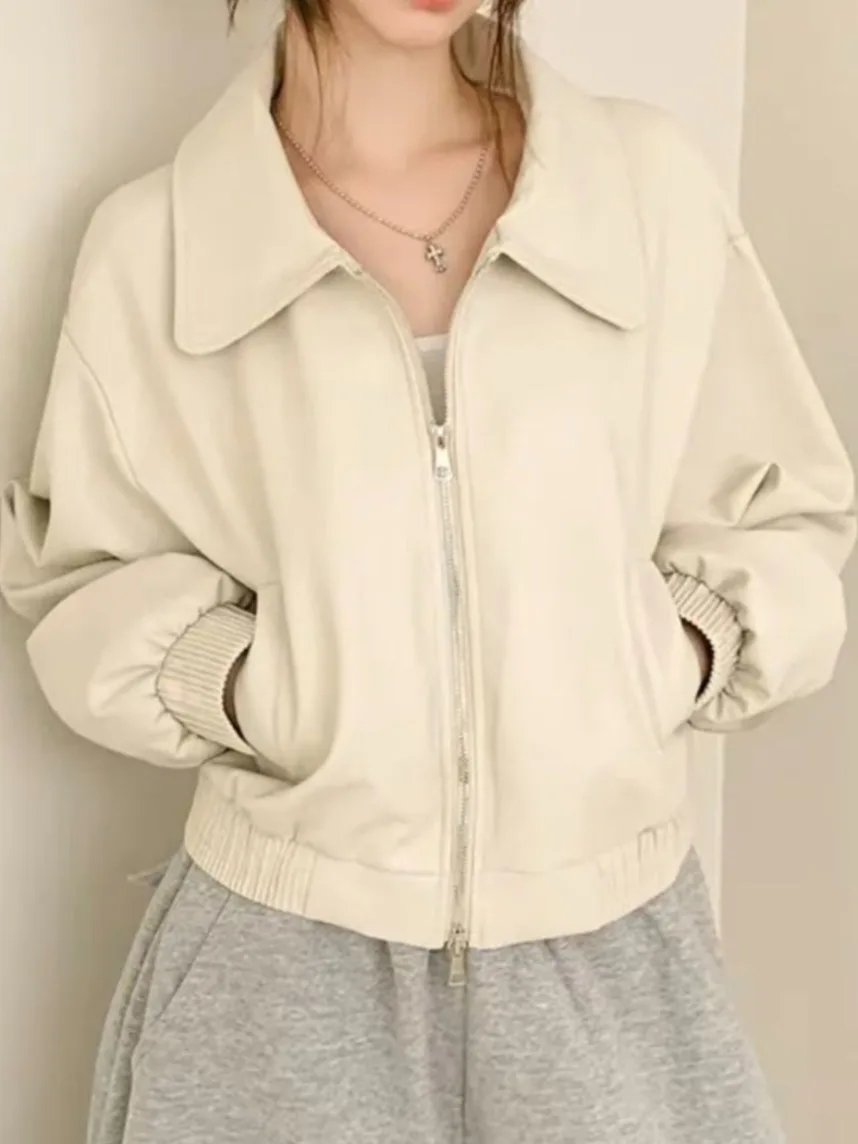 Chique outono inverno com zíper duplo solto ajuste longo Sve gola ort couro Jaet feminino Faion Retro Sle PU Leath...