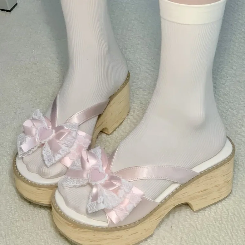 Mules de Plataforma con Lazo de Encaje Blanco Kawaii para Mujer, Sandalias de Tacón de Madera con Tiras Cruzadas y Punta Abierta, Pantuflas de Moda Lolita de Verano