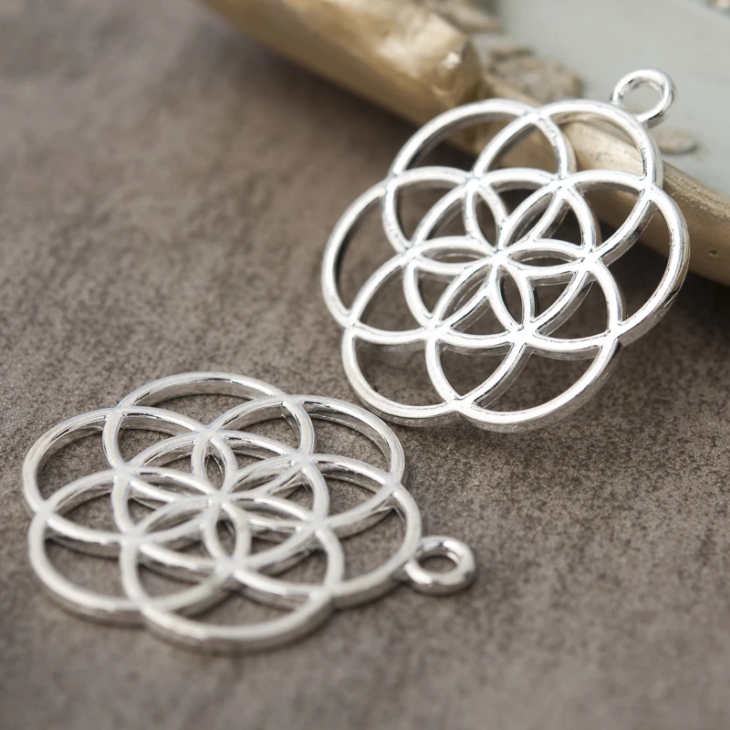 8Seasons Zinc Alloy Seed Of Life Pendants Round Gold/Siver Color Hollow Carved Bohemian Style Charms DIY Necklace Jewelry,5PCs