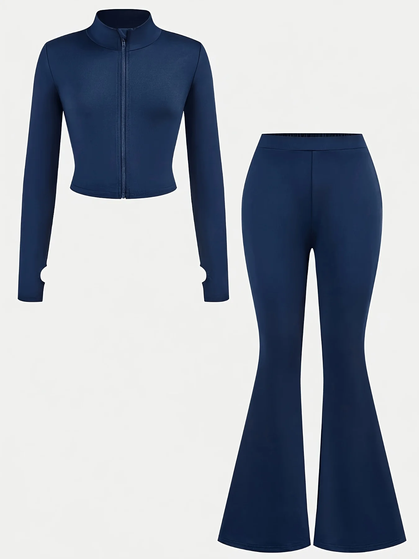 Girls' Autumn Outfit Set: American-style slim-fit stand-up collar zip-up jacket paired with high-waisted flared pants, a two-piece sports set suitable for girls aged 8-12, versatile solid-color clothing for going out