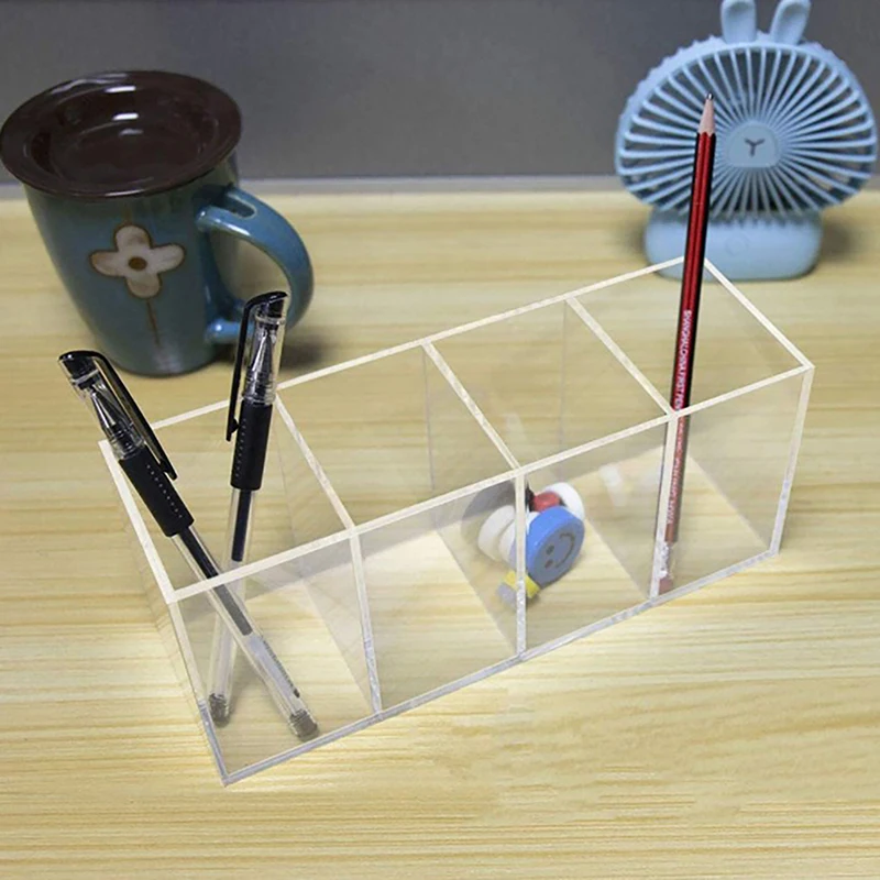 Acrylic 4-Grid Pen Holder Plexiglass Rectangular Makeup Brush Storage Box Office Stationery Storage Rack Cosmetic Storage Box