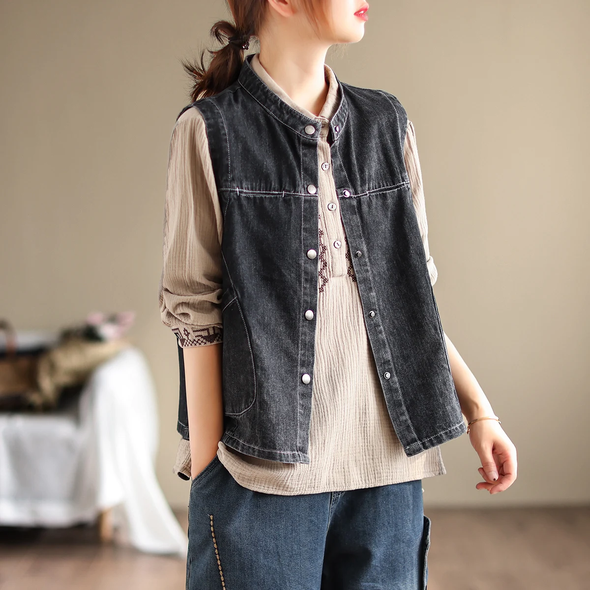 

Loose Casual Korean Sle Women's Jaet ort Denim Vest Top Ne Design Autumn Faion plus Size Color Commute Wear