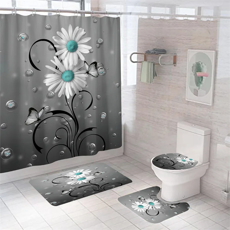 Daisy Flowers Bath Curtain Waterproof Bath Mat Set High Quality Shower Curtains Print Toilet Rugs Anti-slip Eco-Friendly Carpet