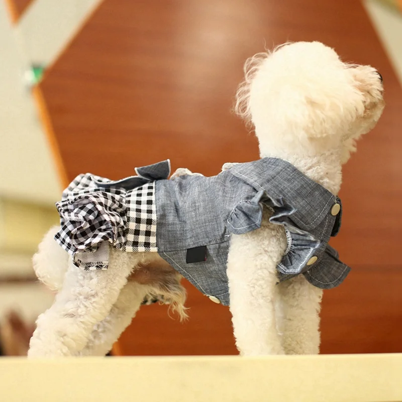 Pet Spring Summer Cowboy Clothes Dog Girls Plaid Denim Dress Small Medium Dogs Bubble Bowknot Skirt Pet Puppy Shirt Jumpsuit