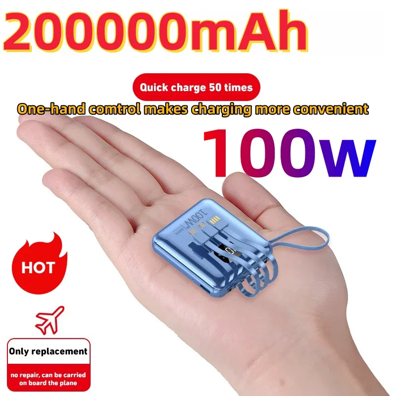 200000mAh Power Bank o dużej pojemności 100W Super szybkie ładowanie Wbudowany kabel Przenośna bateria zewnętrzna do Iphone Samsung Xiaomi