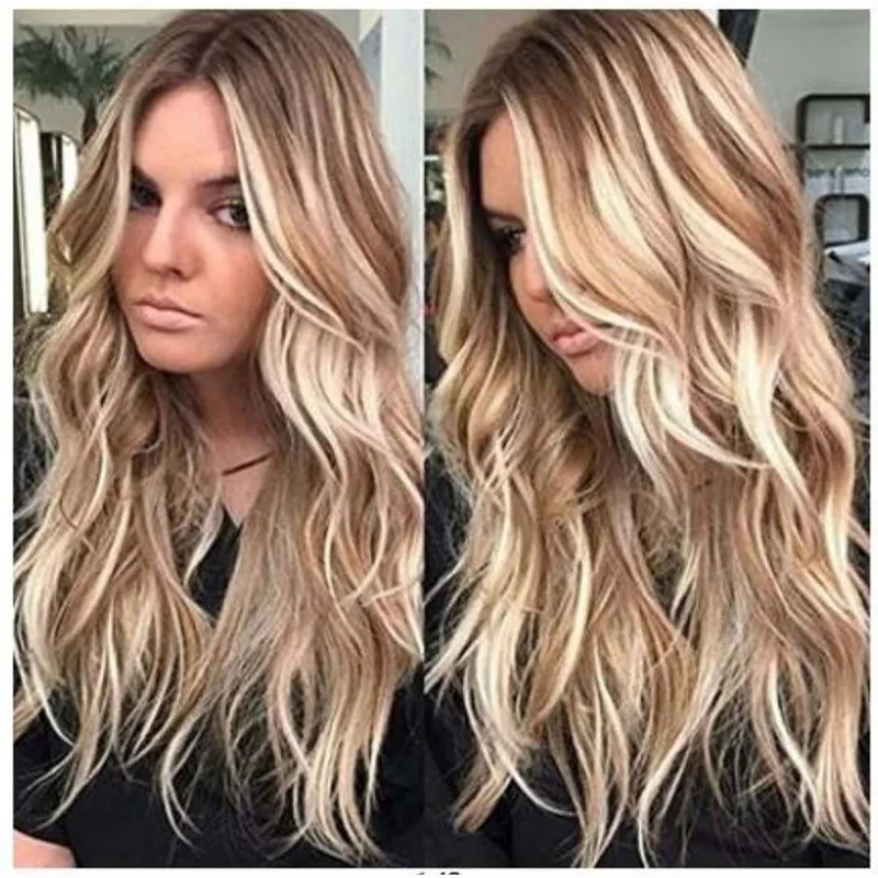 

Big wavy long curly hair brown gradual change light gold European and American wig