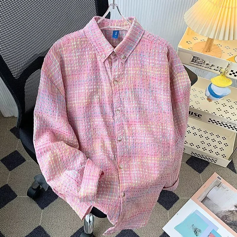 DAYIFUN Girl's Pink Plaid Versatile Shirt American Summer/Autumn Loose Ladies' Long Sleeve Blouse Daily Vintage Casual Plaid Top