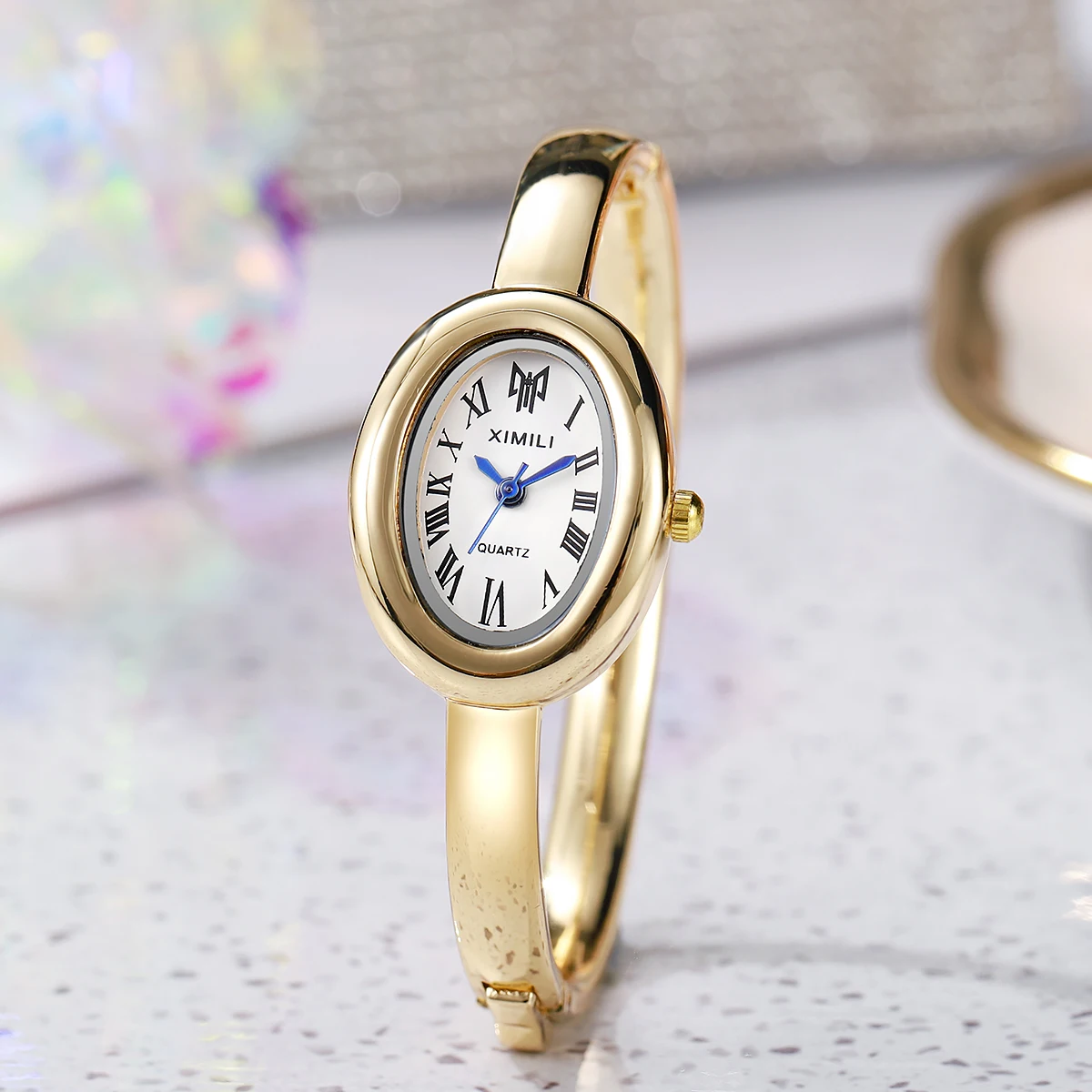 XIMILI Women's Gold Bangle Watch Oval Roman Numeral Dial Quartz Vintage Elegant Bracelet Wristwatch for Ladies