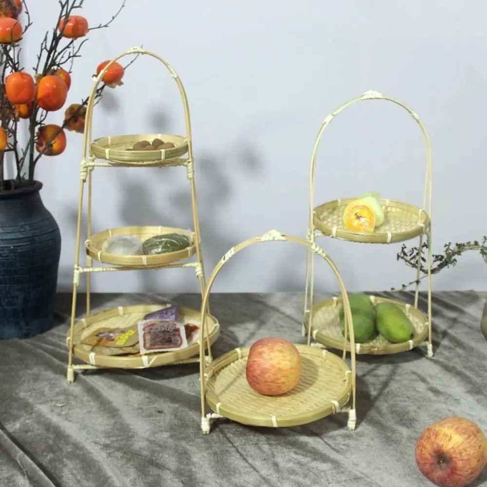 Basket Tray 1/2/3 Tier Bamboo Weaving Baskets Weave Handcrafted Snack Display Stand Elegant Round Storage Baskets Pastries