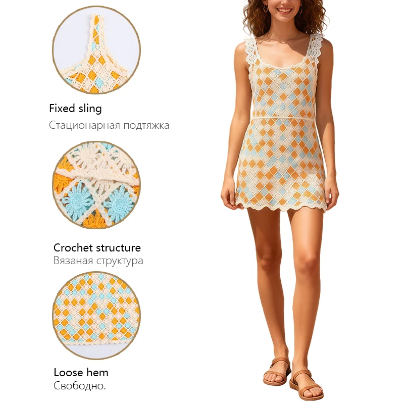 Abito da donna senza maniche colorato mini abito con canotta all'uncinetto adatto per abiti da festa estivi in spiaggia Trafizaran