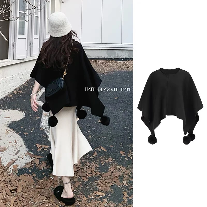 Mode irrégulière boules de fourrure de lapin couvrant fil tricot Cape manteau manches chauve-souris Cardigan Poncho femmes automne hiver Cape