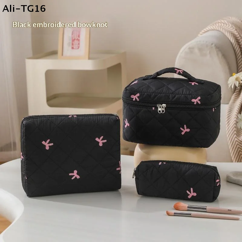 1/3 Pcs Black Women Portable Makeup Bag Large Capacity Bow Quilting Cosmetic Pouch Handbag Ladies Travel Toiletry Storage Bag