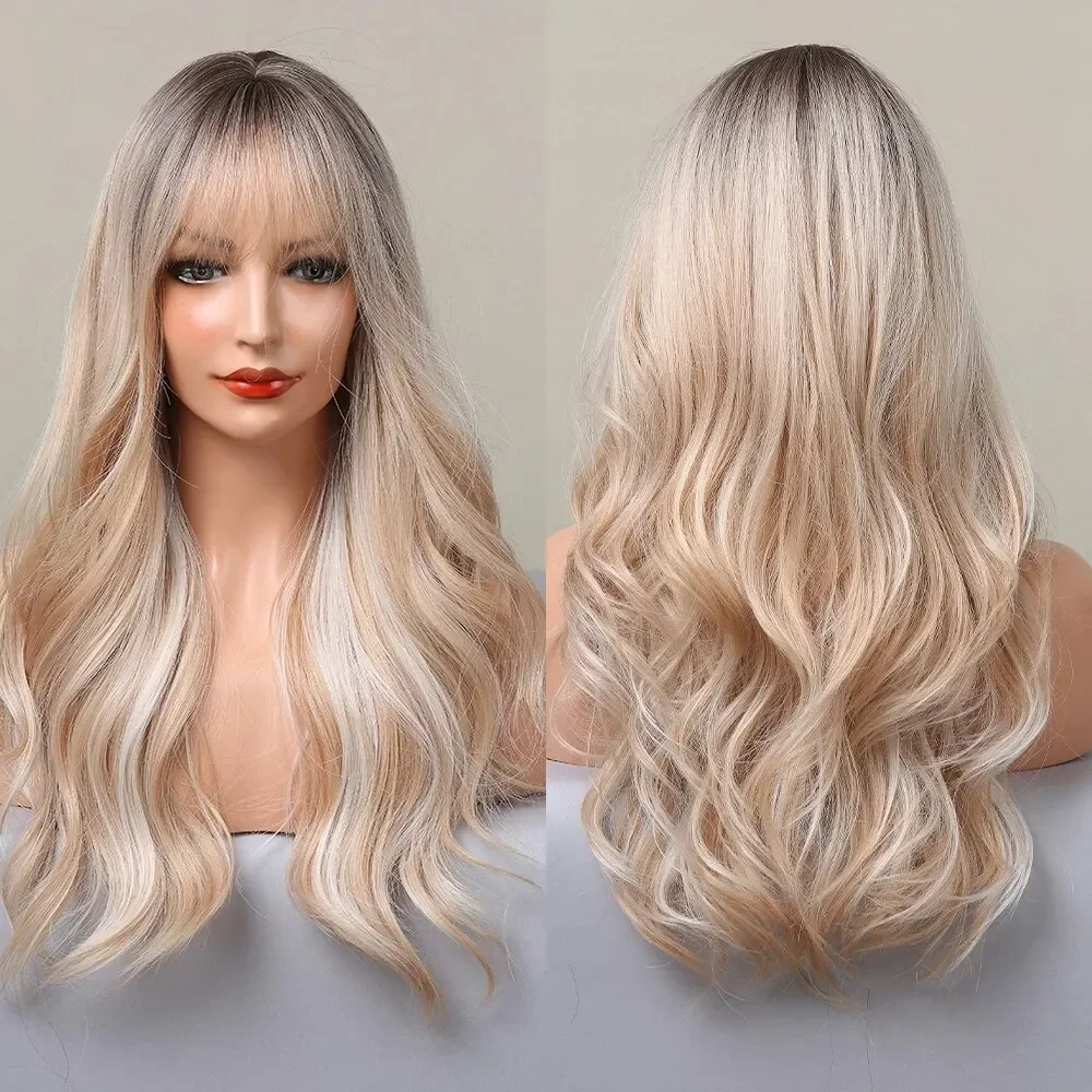 Lange ombre braun schwarz hell blond synthetische Perücken mit Pony hitze beständige gerade Perücken für Frauen natürlich