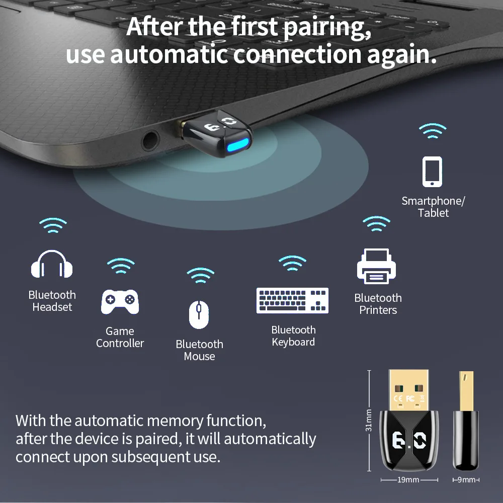 Adaptador Bluetooth 6,0 USB Bluetooth 5,3 para PC Dongle Adaptador ratón inalámbrico Keyborad receptor de Audio de música transmisor USB