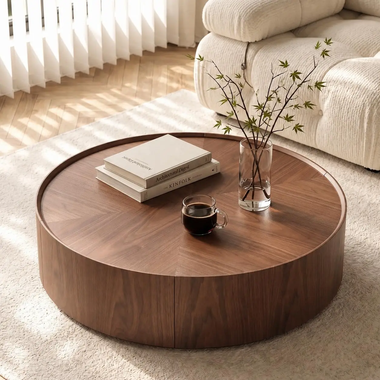 35.4" Round Coffee Table with Hidden Storage Drawers, Walnut Finish Drum Coffee Table for Living Room, Fully, Customized
