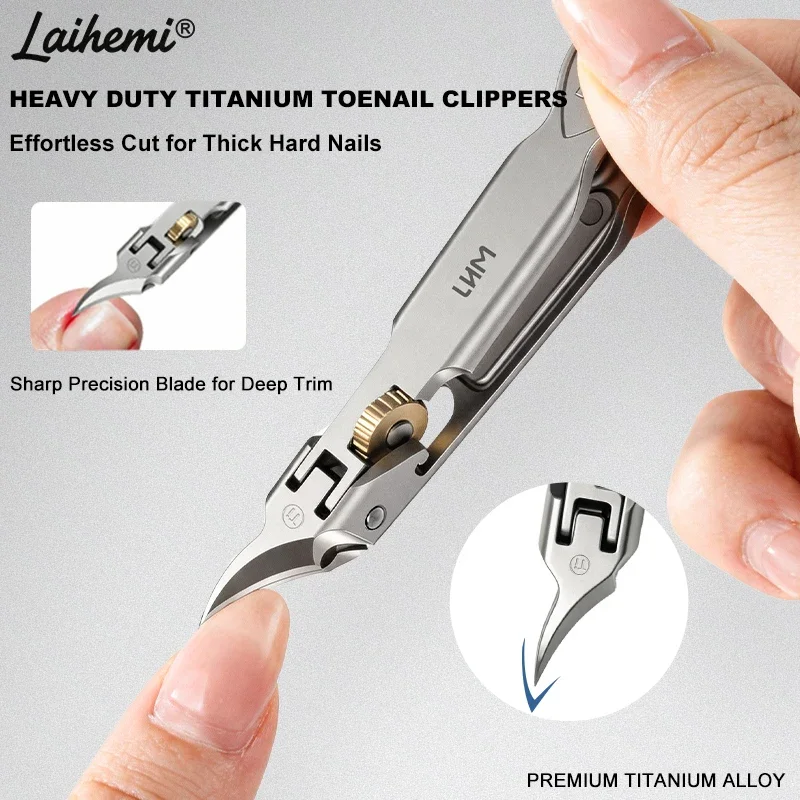 Laihemi Titanium Alloy Foldable Ingrown Toenail Clippers Wide Jaw 2 in 1 Nail Trimmer with File Metal Box for Thick Hard Nails
