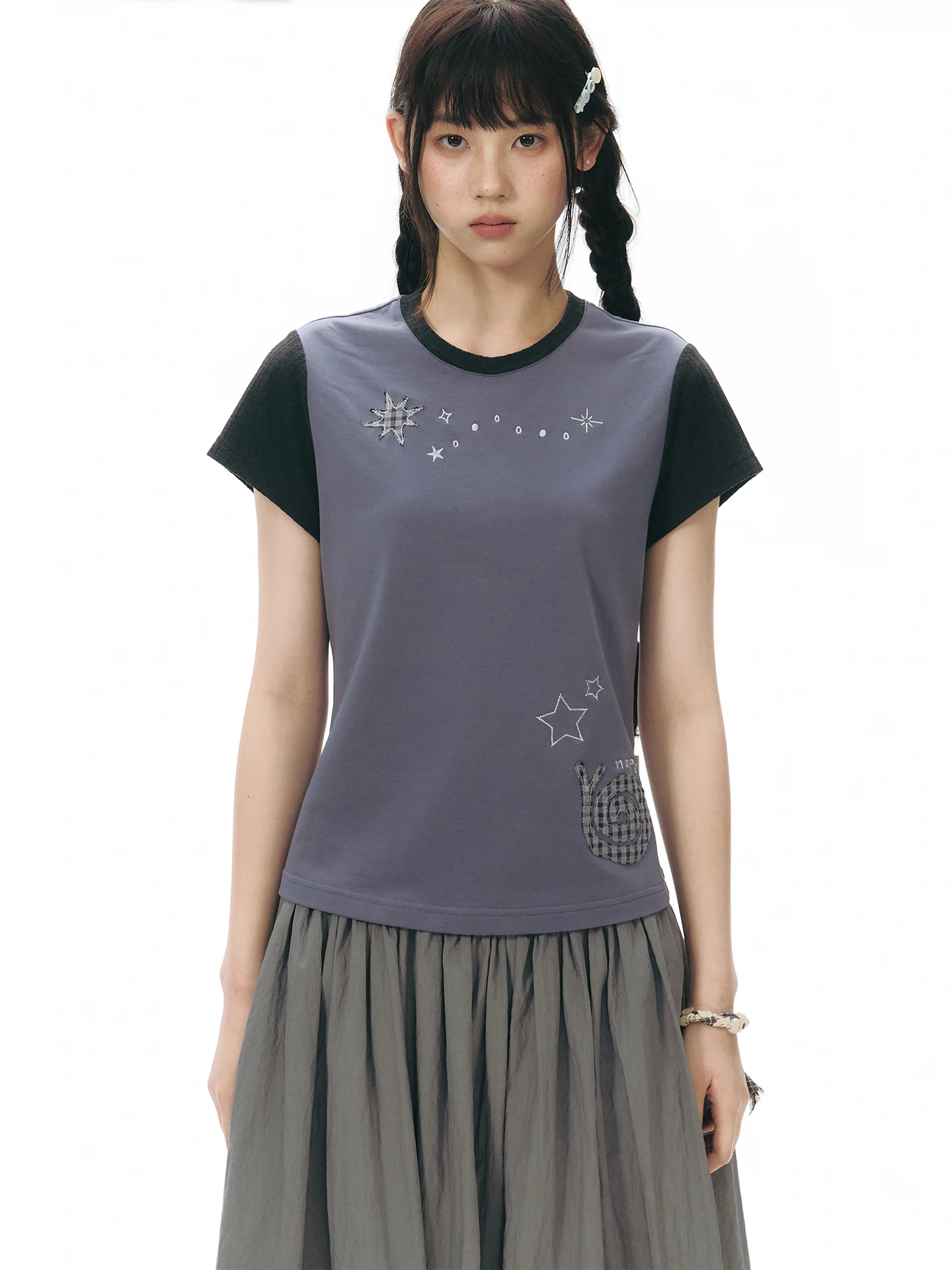NAPSNAPS Original Snail Patch Embroidered Color Block Short Sleeve Knitted T-Shirt Women's Summer New Style Shoulder Fit Cott...