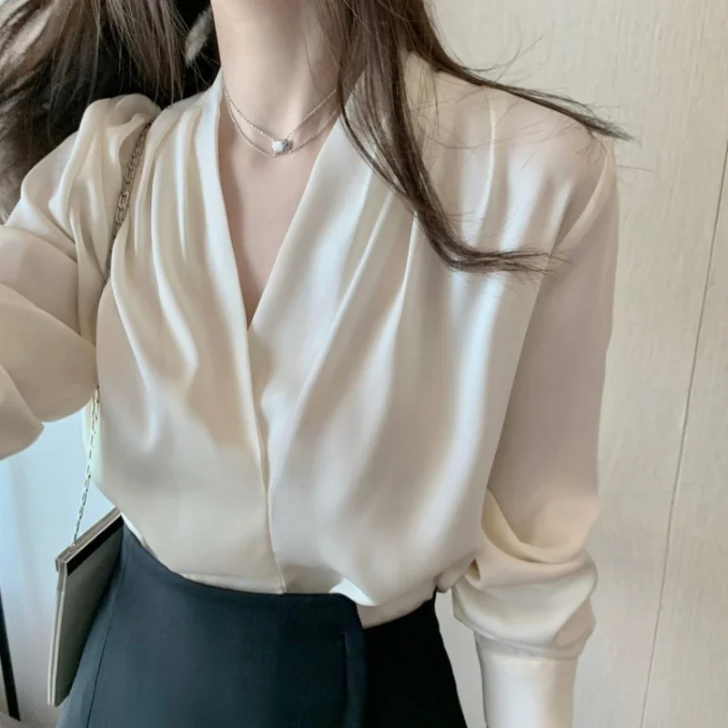 

Spring Autumn Cross V-neck Satin Women's Blouses 2025 New Long Sleeve Solid Korean Elegant Office Lady Loose Shirts Female