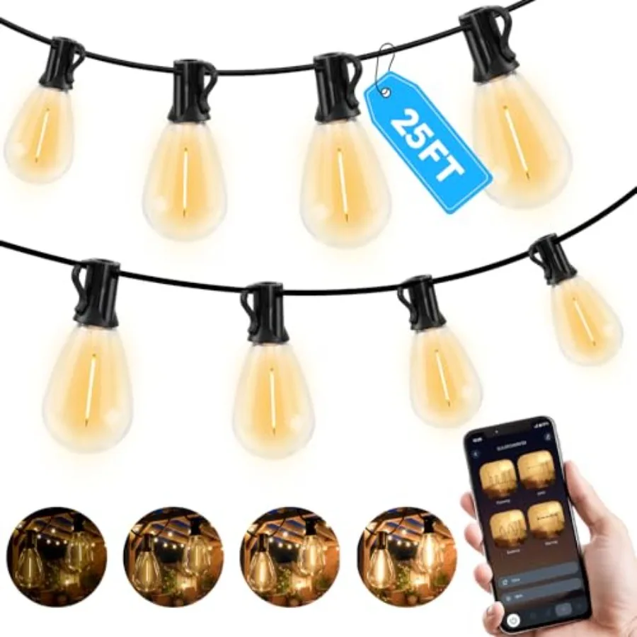 

25Feet Outdoor String Light with S11 Plastic Bulbs, Low-Voltage LED Patio Lights with App and Remote, Music Sync, 4 Lighting Mo