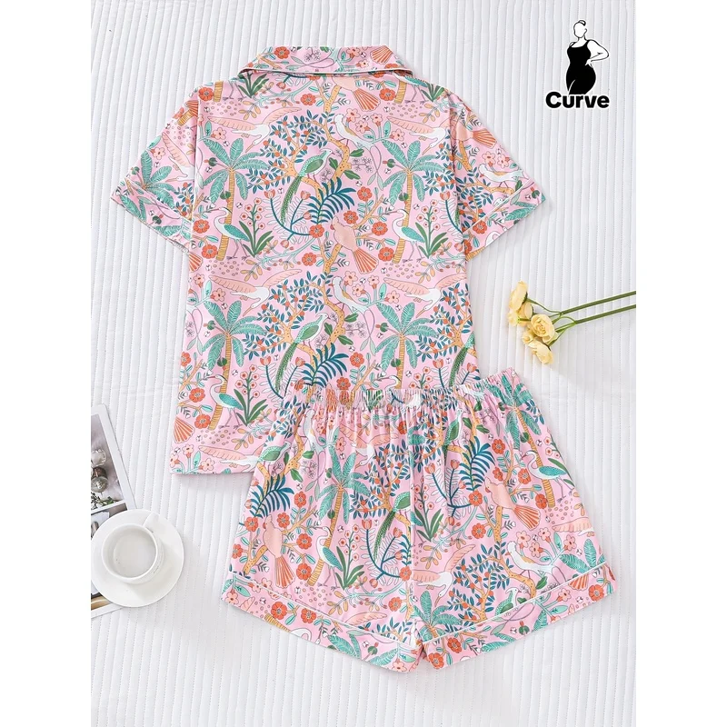 Women's Pastel Botanical Print Pajama Set Short Sleeve Button Down Top Shorts Soft Sleepwear Loungewear Summer Home Wear 2