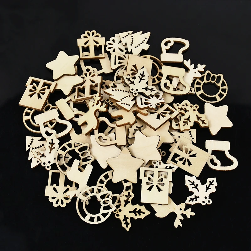 

50Pcs Christmas Wooden Chips Natural Snowflake Santa Claus Hanging Pendant Decoration Diy Craft For Xmas New Year Gift Supplies