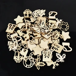 50Pcs Christmas Wooden Chips Natural Snowflake Santa Claus Hanging Pendant Decoration Diy Craft For Xmas New Year Gift Supplies