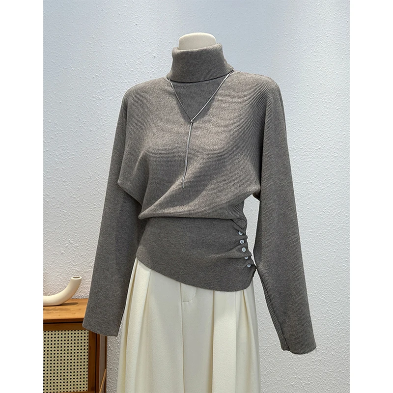 MEXZT Turtleneck Sweater Women Fashion Black Knitted Pullovers Korean Long Sleeve Knitwears Fall Winter Buttons Design Jumpers
