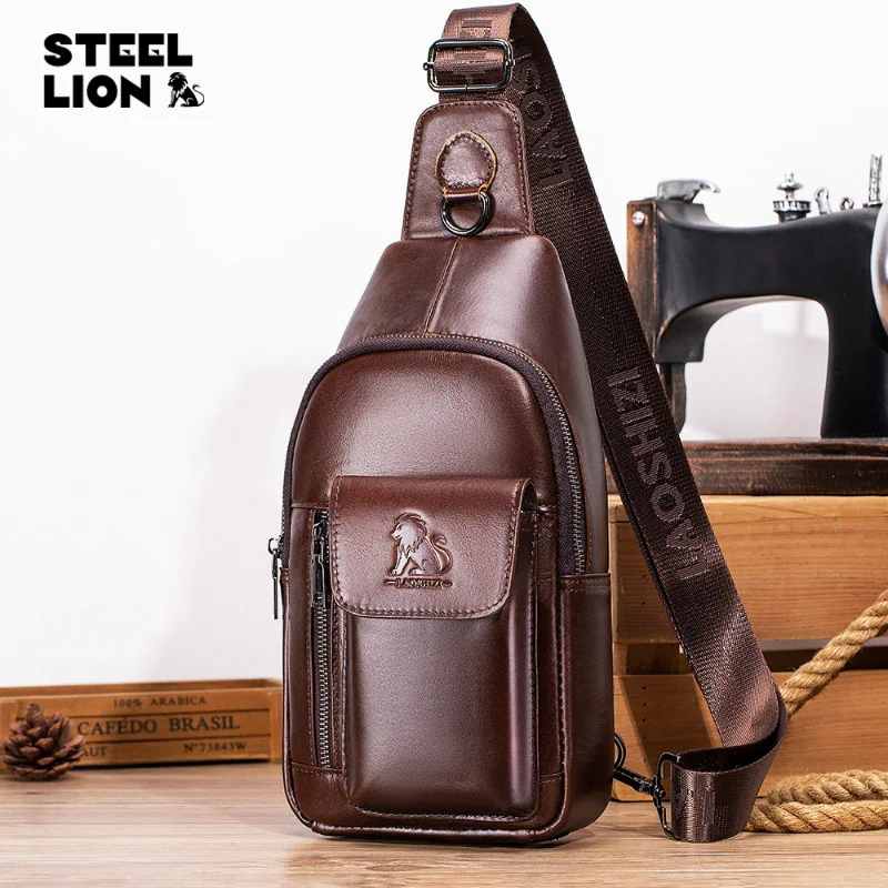 Men's head layer cowhide chest bag men's leather one shoulder across the chest inserted mobile phone storage shoulder bag