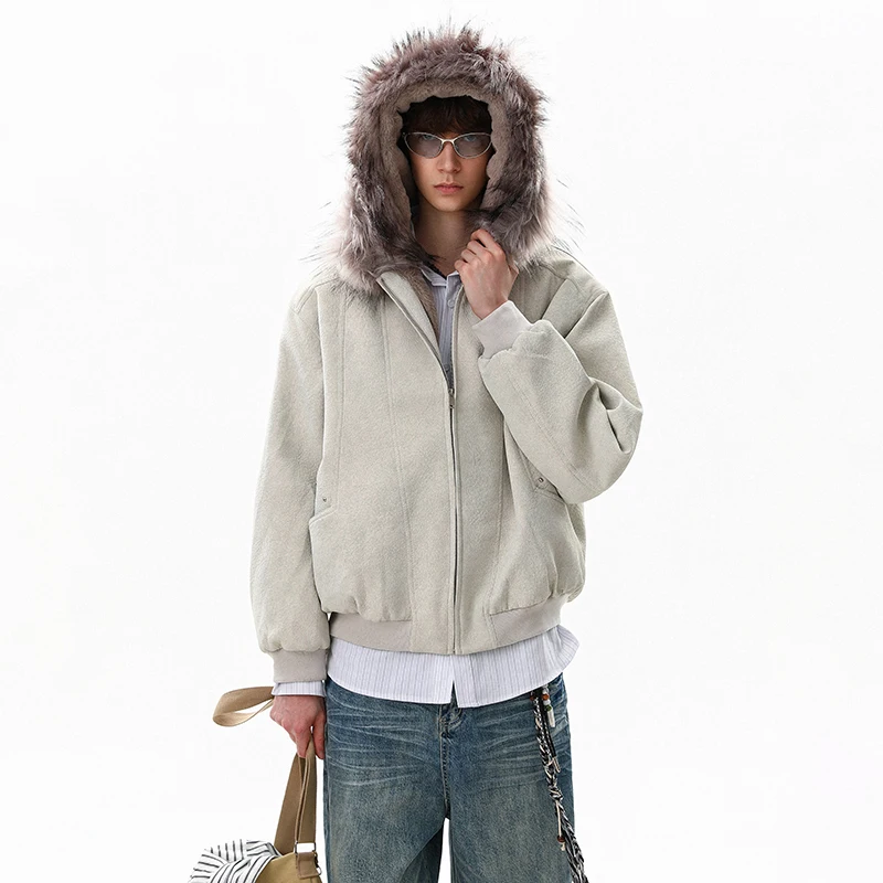 루젠 2025 겨울 고품질 인조 모피 후드 패딩 코트 남성 패션 우아한 분위기 단색 캐주얼 파카 JY5424