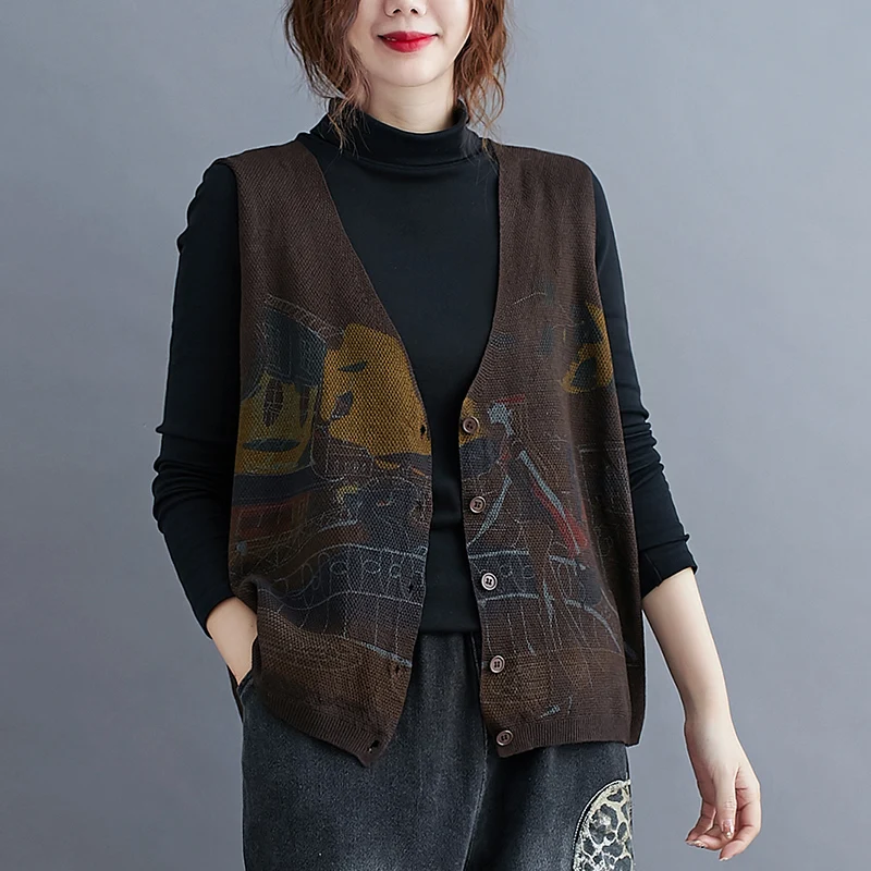 

Fall Large Size Ladies Print Svel Knitted Vest Spring Autumn Sweater Open Cardigan Tank Top Commute Sle Thi Yarn ...