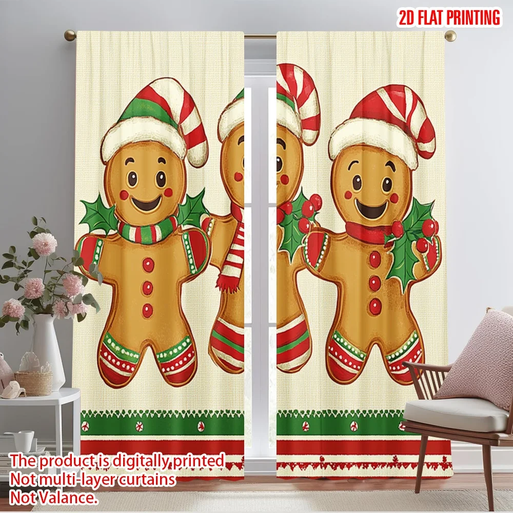 

2pcs,2D plane printing Window Curtain Cute Gingerbread Man Christmas Holiday (3) Polyester Fabric (without rod) All Seasons