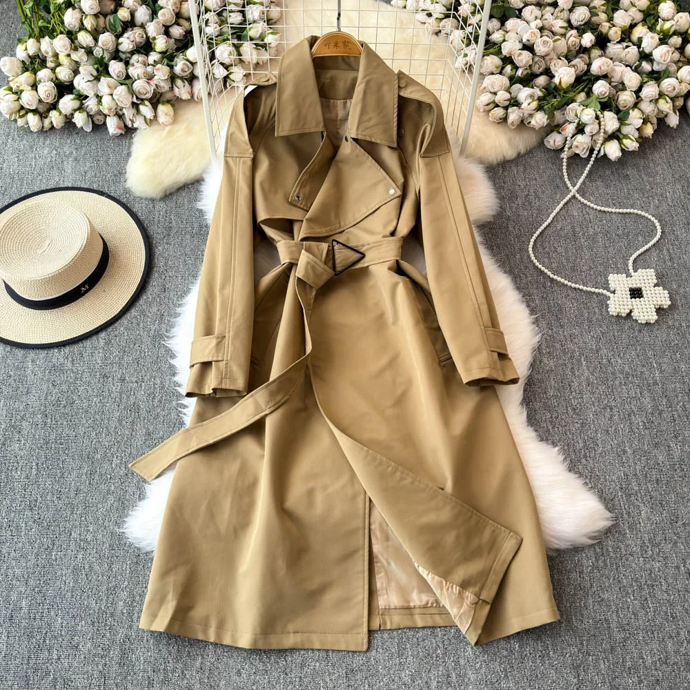 

SuperAen Autumn New Long Coats Korean Style Lace-up Waist Solid Color Twill Turn-down Collar Trench Coats